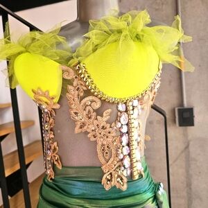 Iridescent Lime Green Dress with Rhinestone Bustier Prom Wedding Birthday